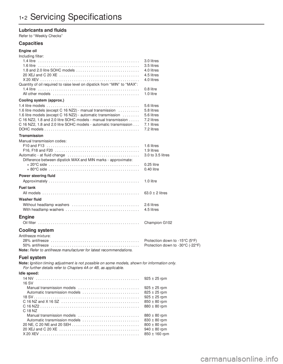 OPEL VECTRA 1988 Service Repair Manual Lubricants and fluids
Refer to “Weekly Checks”
Capacities
Engine oil
Including filter:
1.4 litre . . . . . . . . . . . . . . . . . . . . . . . . . . . . . . . . . . . . . . . . . . . . . . . .3.0 OPEL VECTRA 1988 Service Repair Manual Lubricants and fluids
Refer to “Weekly Checks”
Capacities
Engine oil
Including filter:
1.4 litre . . . . . . . . . . . . . . . . . . . . . . . . . . . . . . . . . . . . . . . . . . . . . . . .3.0