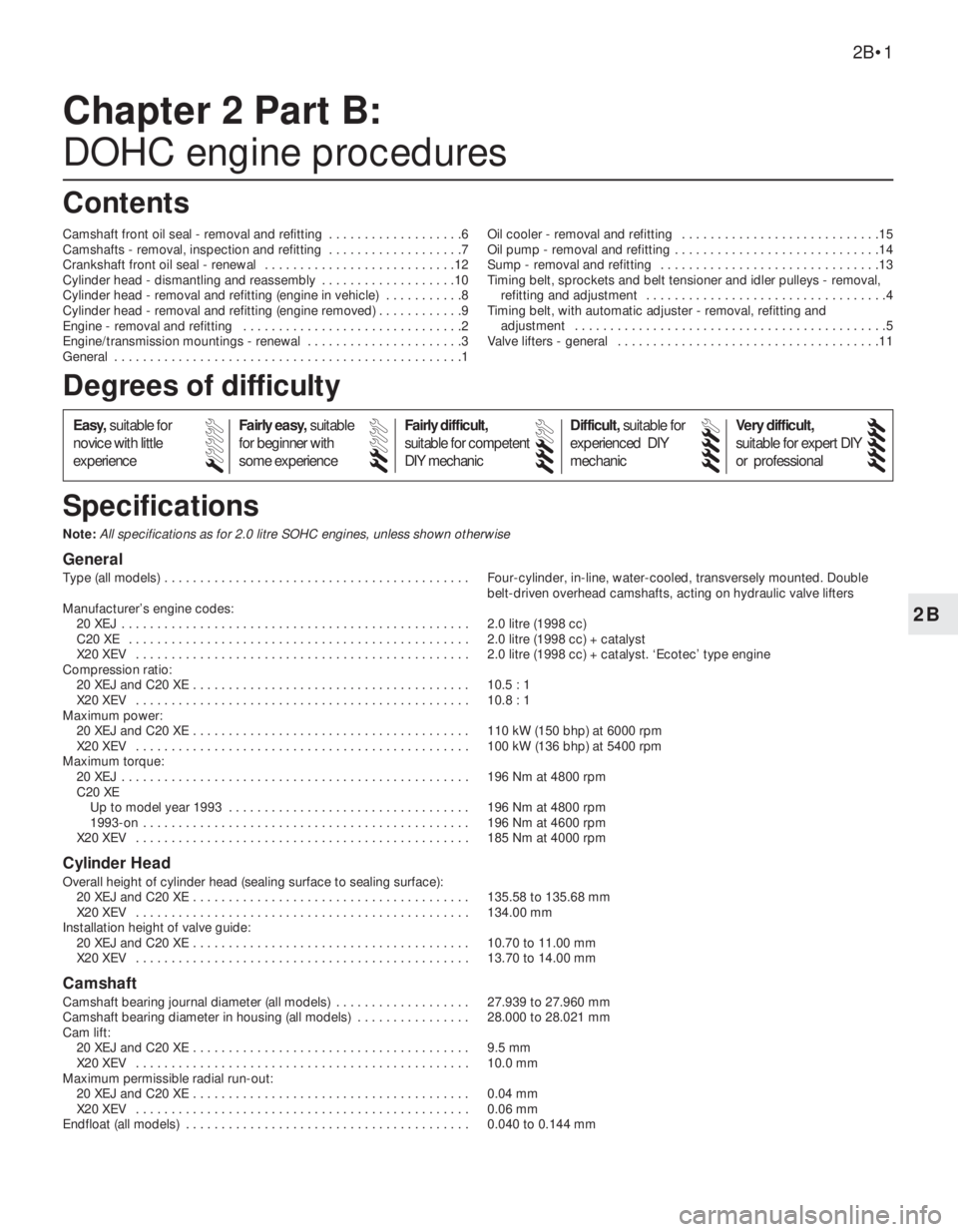 OPEL VECTRA 1988 Service Repair Manual 2B
Note:All specifications as for 2.0 litre SOHC engines, unless shown otherwise
General
Type (all models) . . . . . . . . . . . . . . . . . . . . . . . . . . . . . . . . . . . . . . . . . . . Four-c OPEL VECTRA 1988 Service Repair Manual 2B
Note:All specifications as for 2.0 litre SOHC engines, unless shown otherwise
General
Type (all models) . . . . . . . . . . . . . . . . . . . . . . . . . . . . . . . . . . . . . . . . . . . Four-c