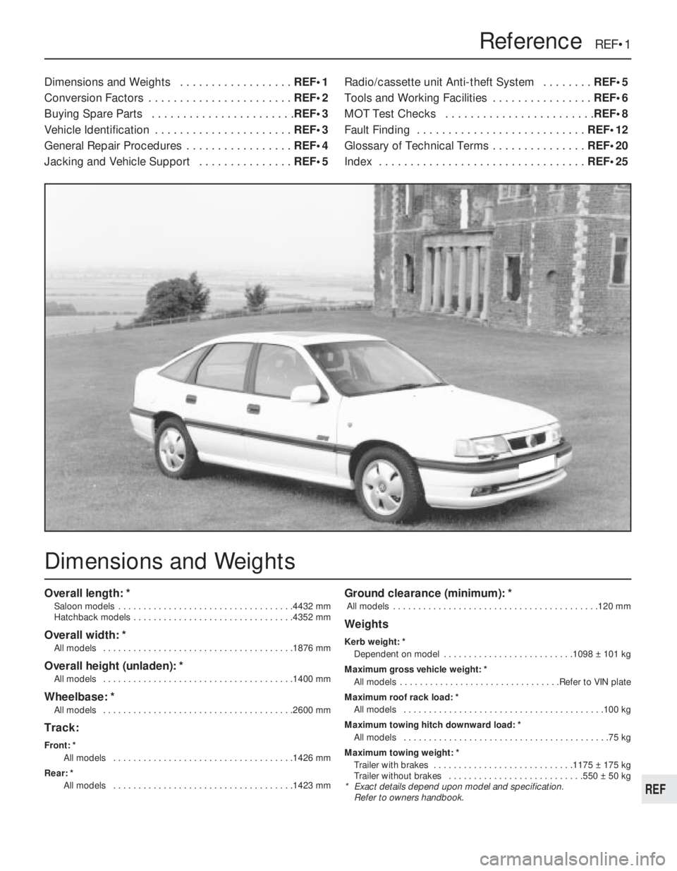 OPEL VECTRA 1988 Service Repair Manual REF
Overall length: *
Saloon models . . . . . . . . . . . . . . . . . . . . . . . . . . . . . . . . . . .4432 mm
Hatchback models . . . . . . . . . . . . . . . . . . . . . . . . . . . . . . . .4352 m OPEL VECTRA 1988 Service Repair Manual REF
Overall length: *
Saloon models . . . . . . . . . . . . . . . . . . . . . . . . . . . . . . . . . . .4432 mm
Hatchback models . . . . . . . . . . . . . . . . . . . . . . . . . . . . . . . .4352 m