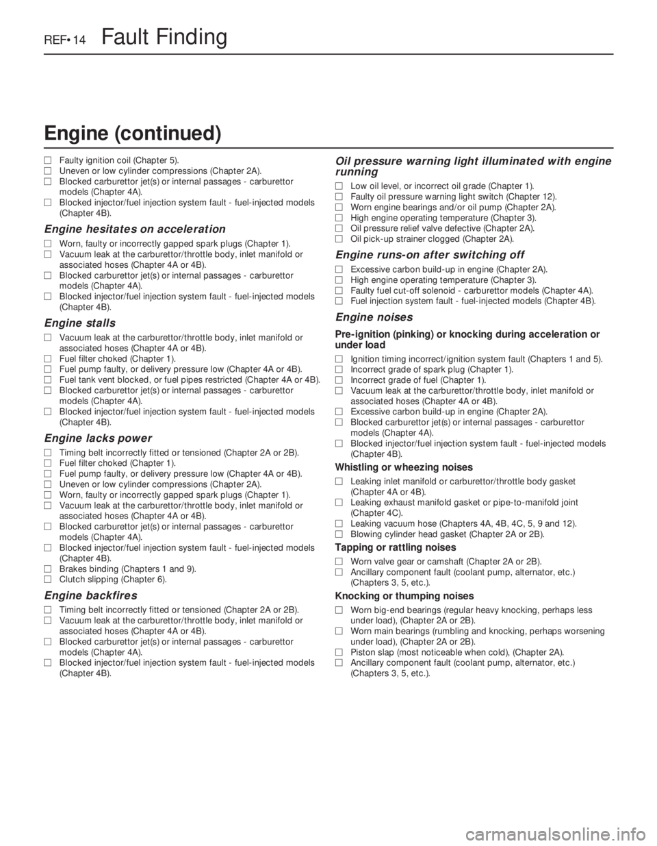 OPEL VECTRA 1988 Service Repair Manual MFaulty ignition coil (Chapter 5).
MUneven or low cylinder compressions (Chapter 2A).
MBlocked carburettor jet(s) or internal passages - carburettor
models (Chapter 4A).
MBlocked injector/fuel injecti OPEL VECTRA 1988 Service Repair Manual MFaulty ignition coil (Chapter 5).
MUneven or low cylinder compressions (Chapter 2A).
MBlocked carburettor jet(s) or internal passages - carburettor
models (Chapter 4A).
MBlocked injector/fuel injecti
