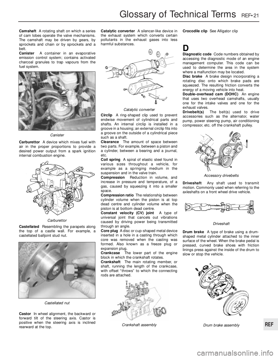 OPEL VECTRA 1988 Service Repair Manual Glossary of Technical Terms REF•21
REF
CamshaftA rotating shaft on which a series
of cam lobes operate the valve mechanisms.
The camshaft may be driven by gears, by
sprockets and chain or by sprock OPEL VECTRA 1988 Service Repair Manual Glossary of Technical Terms REF•21
REF
CamshaftA rotating shaft on which a series
of cam lobes operate the valve mechanisms.
The camshaft may be driven by gears, by
sprockets and chain or by sprock