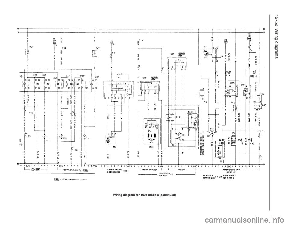 OPEL VECTRA 1988  Service Repair Manual 12•52Wiring diagrams
Wiring diagram for 1991 models (continued) 