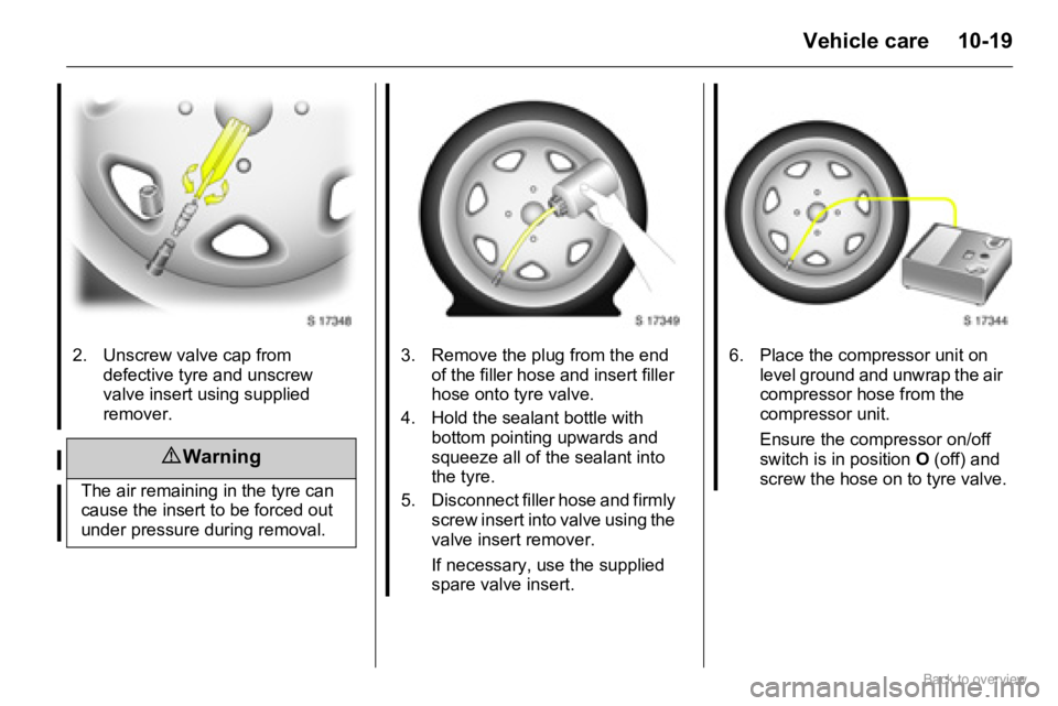 OPEL AGILA 2009  Owners Manual 10-19Vehicle care
2. Unscrew valve cap from 
defective tyre and unscrew 
valve insert using supplied 
remover.
9 Warning 
The air remaining in the tyre can 
cause the insert to be forced out 
under pr