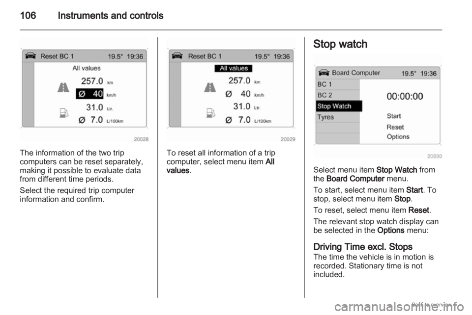 OPEL ZAFIRA 2009  Owners Manual 106
Instruments and controlsThe information of the two trip
computers can be reset separately,
making it possible to evaluate data
from different time periods.
Select the required trip computer
inform