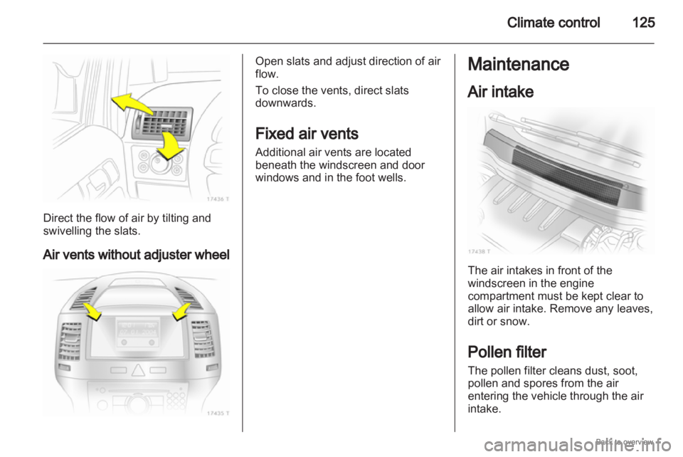 OPEL ZAFIRA 2009  Owners Manual Climate control
125Direct the flow of air by tilting and
swivelling the slats.
Air 
vents without adjuster wheel Open slats and adjust direction of air
flow.
To close the vents, direct slats
downwards