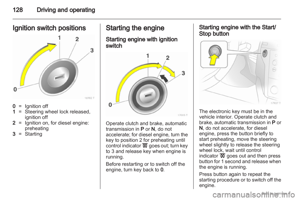 OPEL ZAFIRA 2009  Owners Manual 128
Driving and operating
Ignition switch positions 0
= Ignition off
1 = Steering wheel lock released,
ignition off
2 = Ignition on, for diesel engine:
preheating
3 = Starting Starting the engine
Star