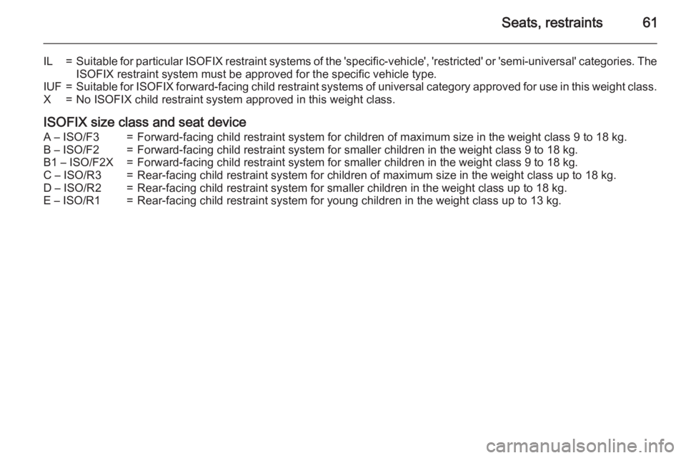 OPEL ZAFIRA TOURER 2015 Owners Manual Seats, restraints61
IL=Suitable for particular ISOFIX restraint systems of the 'specific-vehicle', 'restricted' or 'semi-universal' categories. The
ISOFIX restraint system must OPEL ZAFIRA TOURER 2015 Owners Manual Seats, restraints61
IL=Suitable for particular ISOFIX restraint systems of the 'specific-vehicle', 'restricted' or 'semi-universal' categories. The
ISOFIX restraint system must