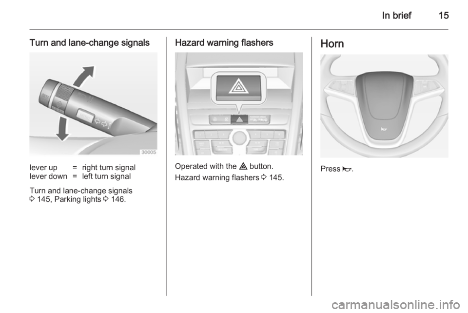 OPEL ZAFIRA TOURER 2014  Owners Manual In brief15
Turn and lane-change signalslever up=right turn signallever down=left turn signal
Turn and lane-change signals
3  145, Parking lights  3 146.
Hazard warning flashers
Operated with the  ¨ b