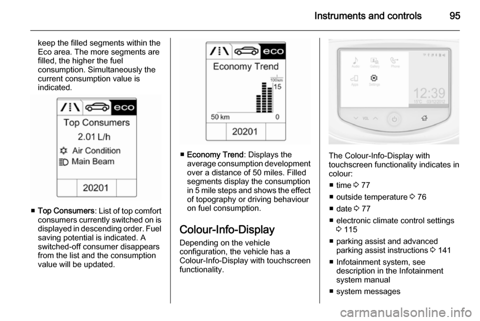 VAUXHALL ADAM 2015.5 Owners Manual Instruments and controls95
keep the filled segments within the
Eco area. The more segments are
filled, the higher the fuel
consumption. Simultaneously the current consumption value is
indicated.
■ T VAUXHALL ADAM 2015.5 Owners Manual Instruments and controls95
keep the filled segments within the
Eco area. The more segments are
filled, the higher the fuel
consumption. Simultaneously the current consumption value is
indicated.
■ T