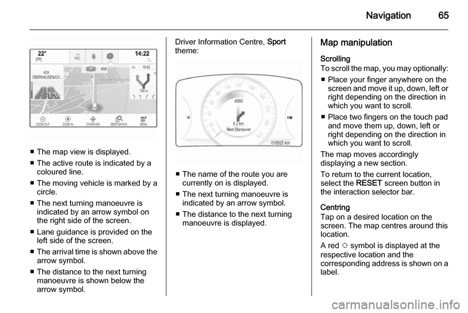 VAUXHALL INSIGNIA 2014  Infotainment system Navigation65
■ The map view is displayed.
■ The active route is indicated by a coloured line.
■ The moving vehicle is marked by a circle.
■ The next turning manoeuvre is indicated by an arrow 