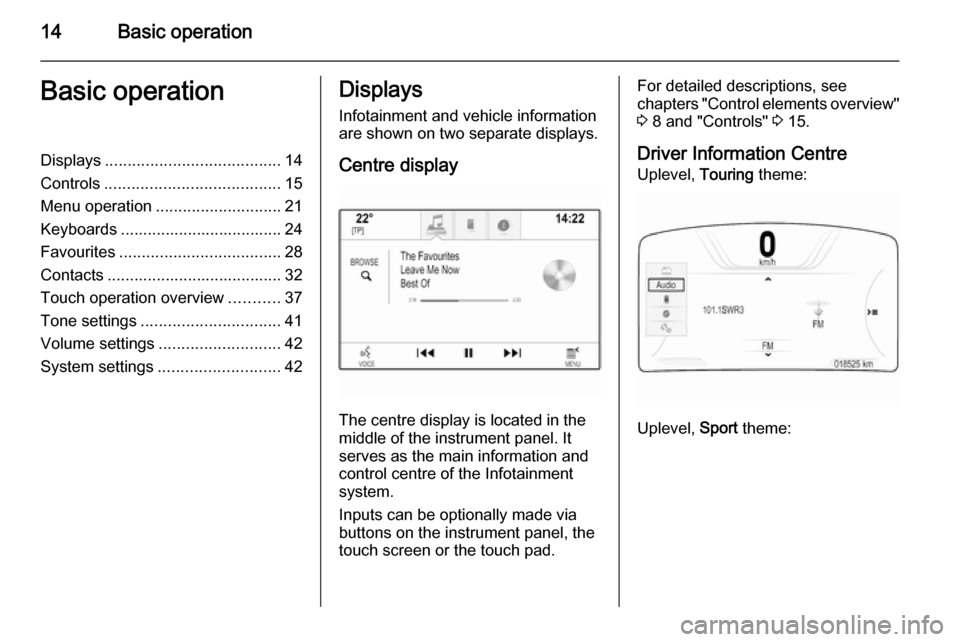 VAUXHALL INSIGNIA 2015  Infotainment system 14Basic operationBasic operationDisplays....................................... 14
Controls ....................................... 15
Menu operation ............................ 21
Keyboards ........