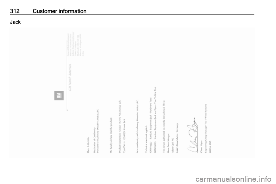 VAUXHALL INSIGNIA 2018.5  Owners Manual 312Customer informationJack 