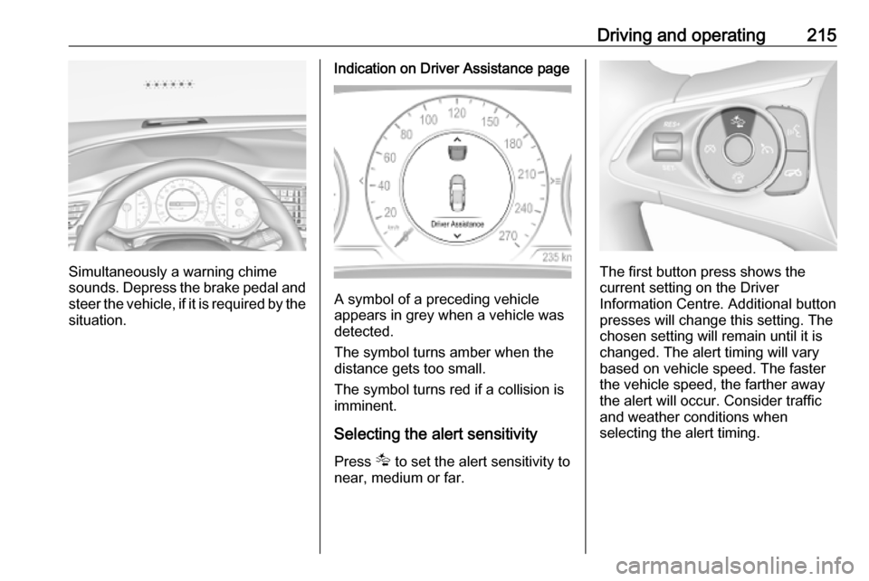 VAUXHALL INSIGNIA 2019  Owners Manual Driving and operating215
Simultaneously a warning chime
sounds. Depress the brake pedal and
steer the vehicle, if it is required by the
situation.
Indication on Driver Assistance page
A symbol of a pr