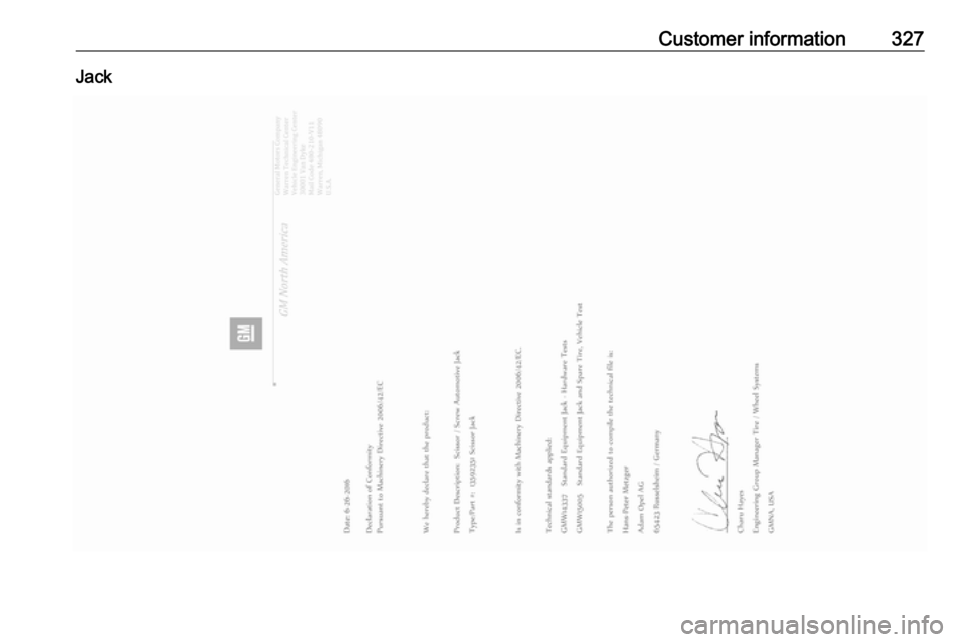VAUXHALL INSIGNIA 2019  Owners Manual Customer information327Jack 