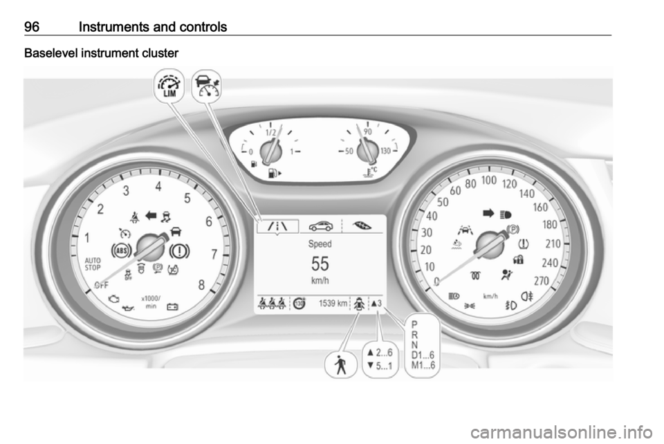 VAUXHALL INSIGNIA 2019  Owners Manual 96Instruments and controlsBaselevel instrument cluster 