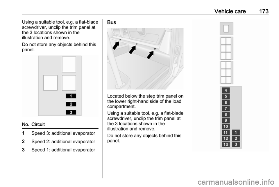 VAUXHALL MOVANO_B 2016  Owners Manual Vehicle care173Using a suitable tool, e.g. a flat-blade
screwdriver, unclip the trim panel at
the 3 locations shown in the
illustration and remove.
Do not store any objects behind this
panel.No.Circui