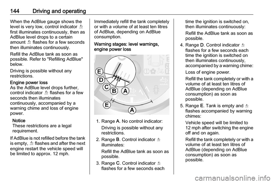 VAUXHALL MOVANO_B 2017.5  Owners Manual 144Driving and operatingWhen the AdBlue gauge shows the
level is very low, control indicator  Õ
first illuminates continuously, then as
AdBlue level drops to a certain
amount  Õ flashes for a few se