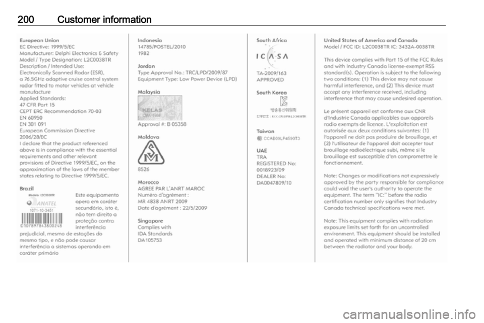 VAUXHALL VIVARO 2016.5  Owners Manual 200Customer information 