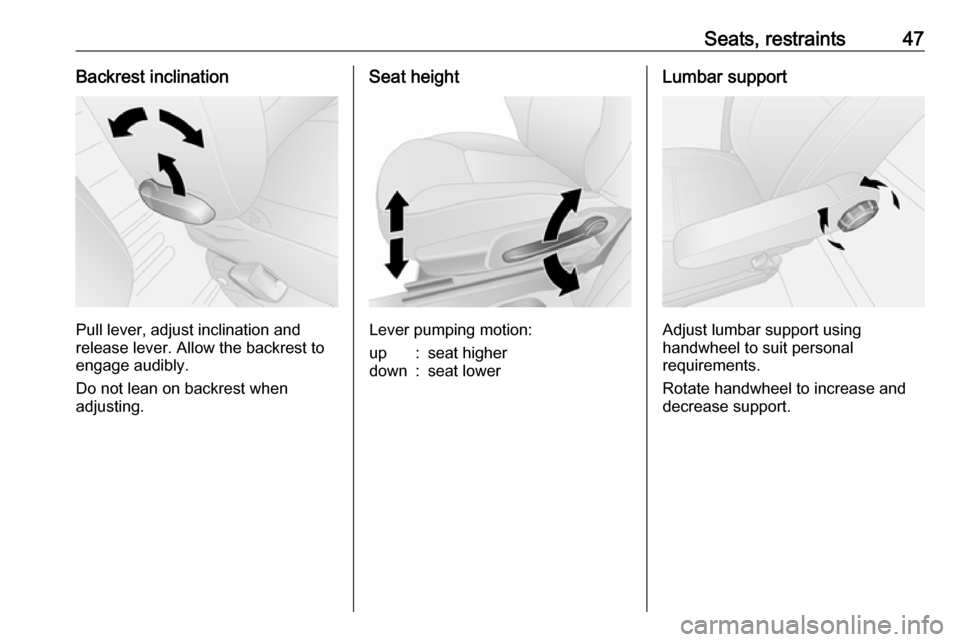 VAUXHALL VIVARO 2018  Owners Manual Seats, restraints47Backrest inclination
Pull lever, adjust inclination and
release lever. Allow the backrest to
engage audibly.
Do not lean on backrest when
adjusting.
Seat height
Lever pumping motion
