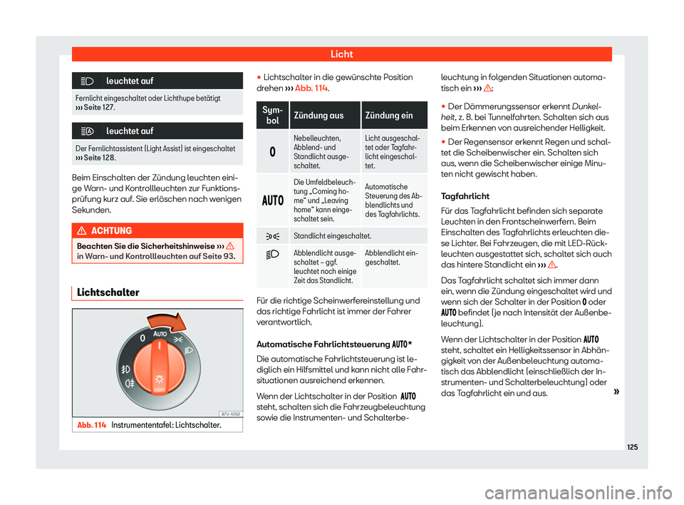 Seat Alhambra 2020  Betriebsanleitung (in German) Licht
�
leuchtet auf
Fernlicht eingeschaltet oder Lichthupe bet