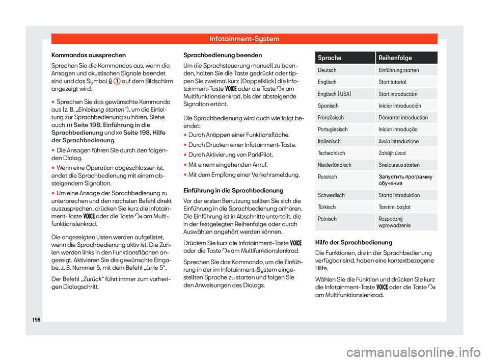 Seat Alhambra 2020  Betriebsanleitung (in German) Infotainment-System
Kommandos aussprechen
Spr echen Sie die K
ommandos aus, wenn die
Ansagen und akustischen Signale beendet
sind und das Symbol �  1  auf dem Bildschirm
ange z

eigt wird.
