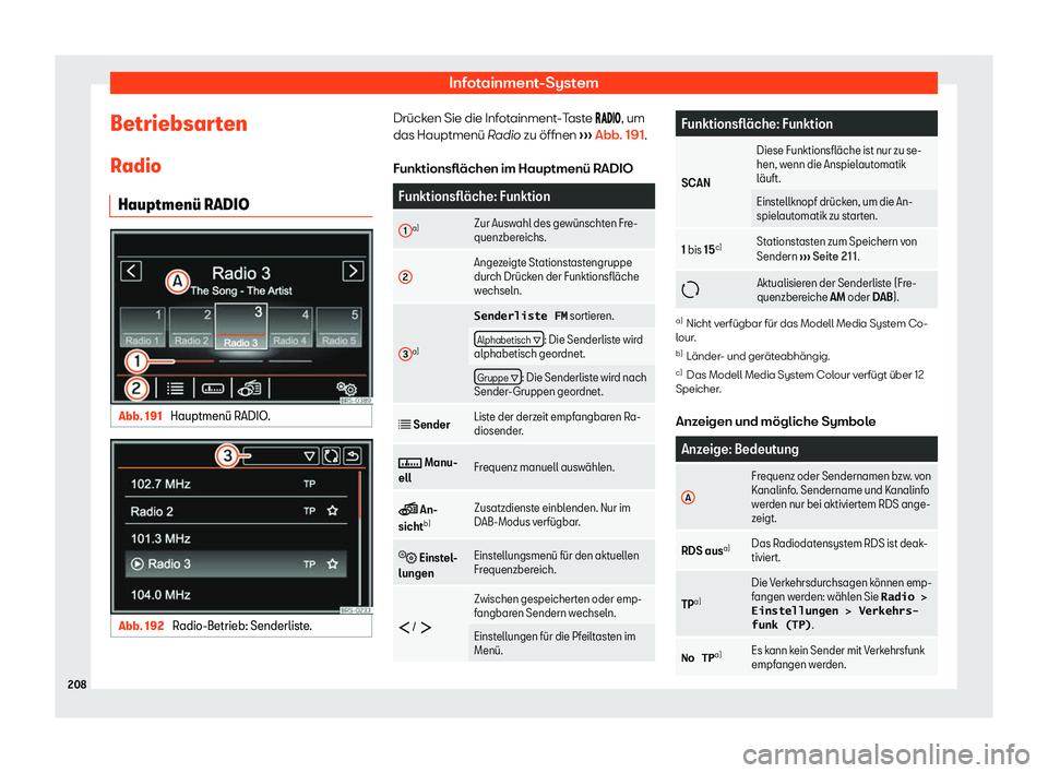 Seat Alhambra 2020  Betriebsanleitung (in German) Infotainment-System
Betriebsarten R adio
Hauptmen