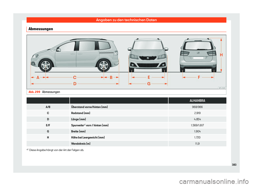 Seat Alhambra 2020  Betriebsanleitung (in German) Angaben zu den technischen Daten
Abmessungen Abb. 299 
Abmessungen  
  ALHAMBRA
A/B 
