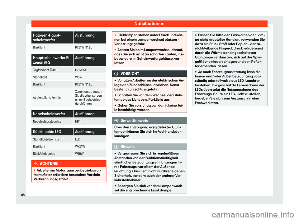 Seat Alhambra 2020  Betriebsanleitung (in German) Notsituationen
Halogen-Haupt-
scheinw
erf
er Ausf