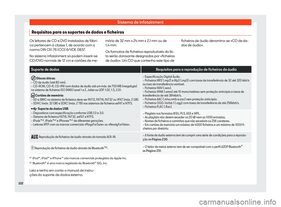 Seat Alhambra 2020  Manual do proprietário (in Portuguese)  Sistema de infotainment
Requisitos para os suportes de dados e ficheiros Os leitores de CD e DVD instalados de fábri-
ca pert
encem à cl
asse 1, de acordo com a
norma DIN CEI 76 (CO) 6/VDE 0837.
No 
