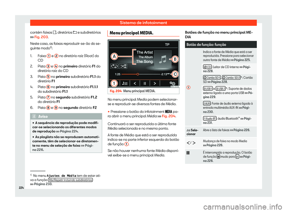 Seat Alhambra 2020  Manual do proprietário (in Portuguese)  Sistema de infotainment
contém faixas �, dir et
órios � e subdiretórios
›››  Fig. 203.
Neste caso, as faixas reproduzir-se-ão do se-
guinte modo 1)
:
Faixa  1  e 
2  no diretório raiz