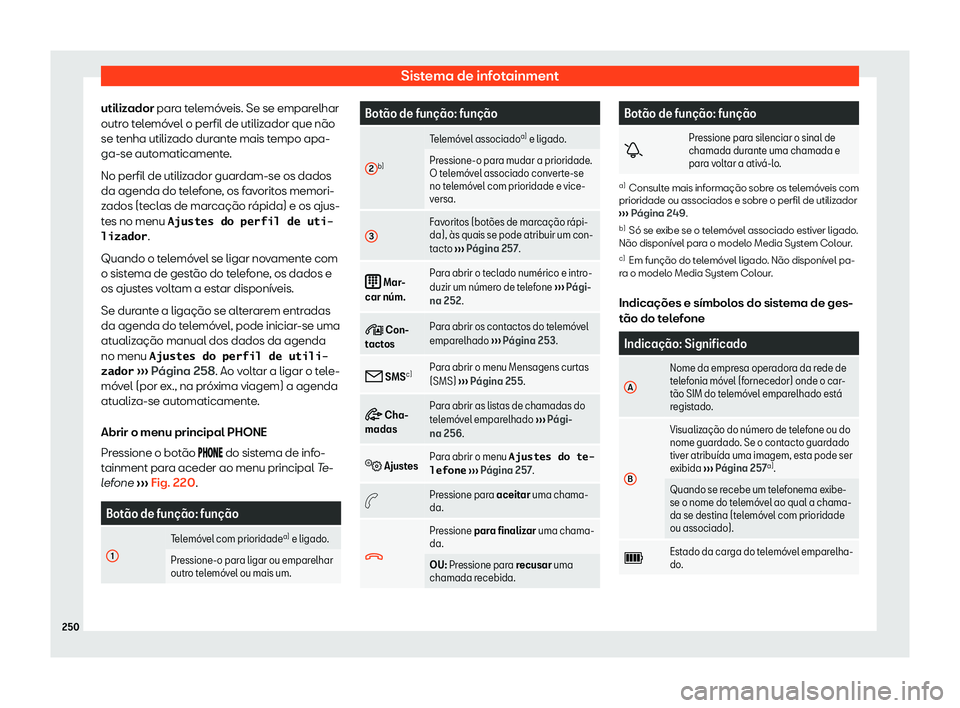 Seat Alhambra 2020  Manual do proprietário (in Portuguese)  Sistema de infotainment
utilizador par a t
elemóveis. Se se emparelhar
outro telemóvel o perfil de utilizador que não
se tenha utilizado durante mais tempo apa-
ga-se automaticamente.
No perfil de 