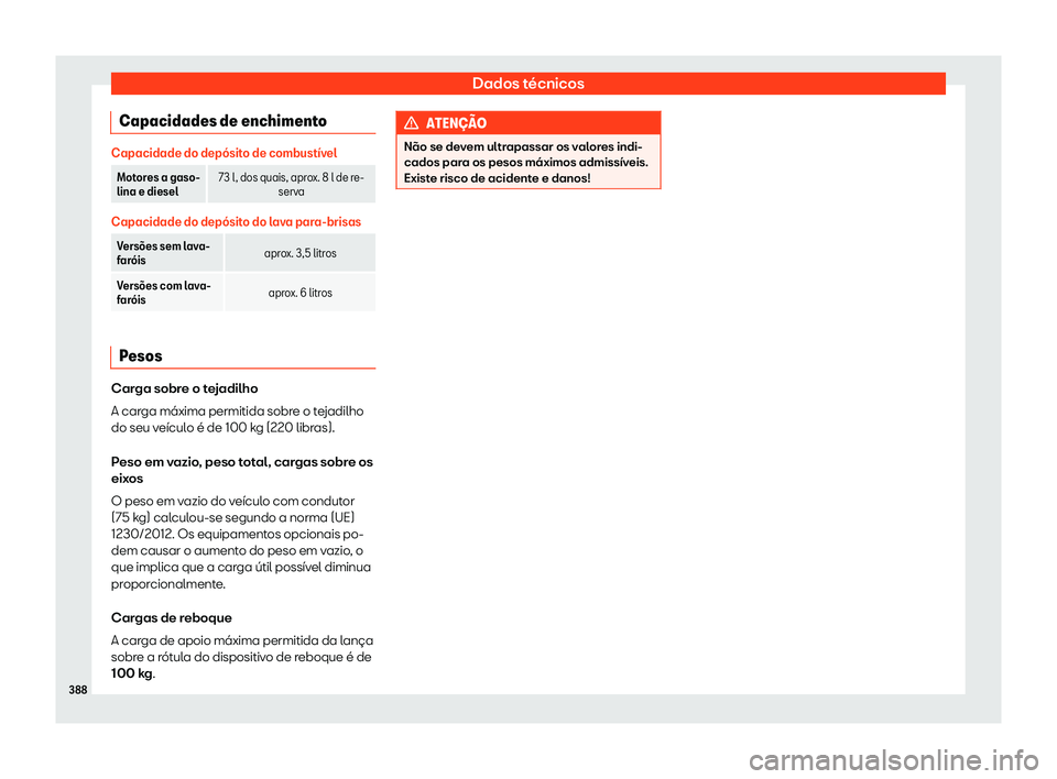 Seat Alhambra 2020  Manual do proprietário (in Portuguese)  Dados técnicos
Capacidades de enchimento Capacidade do dep