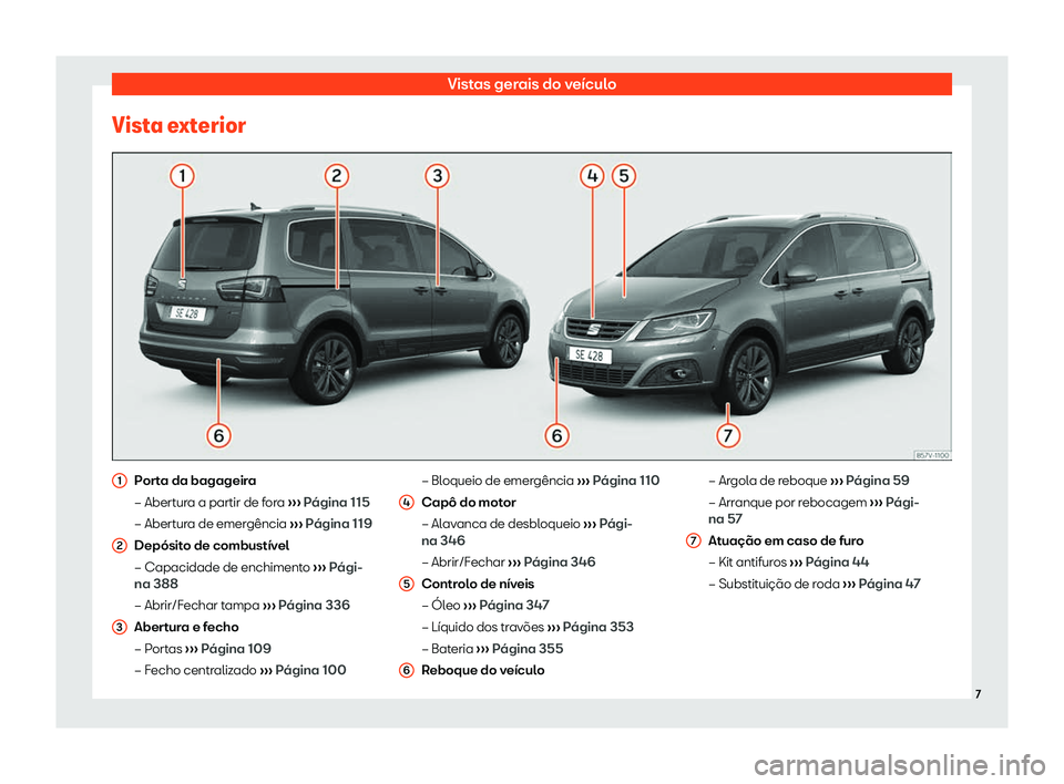 Seat Alhambra 2020  Manual do proprietário (in Portuguese)  Vistas gerais do veículo
Vista exterior Porta da bagageira
– Abert
ur
a a partir de fora  ››› Página 115
– Abertura de emergência  ››› Página 119
Depósito de combustível
– Capa