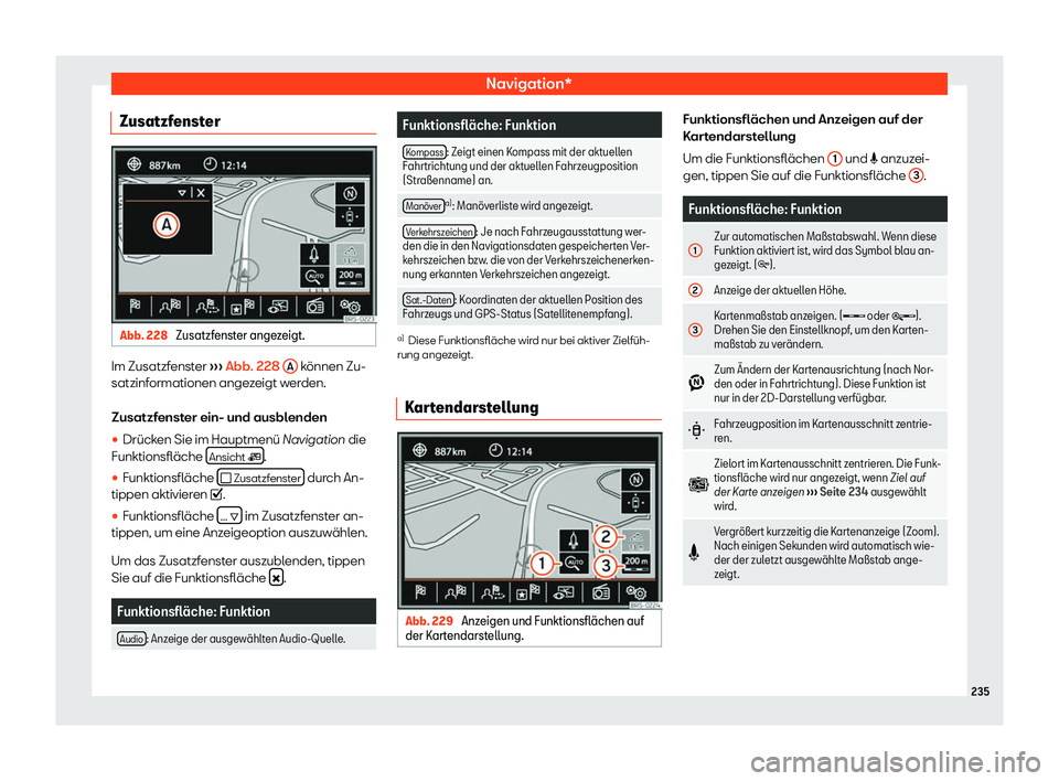 Seat Alhambra 2019  Betriebsanleitung (in German) Navigation*
Zusatzfenster Abb. 228 
Zusatzfenster angezeigt.Im Zusatzfenster 
