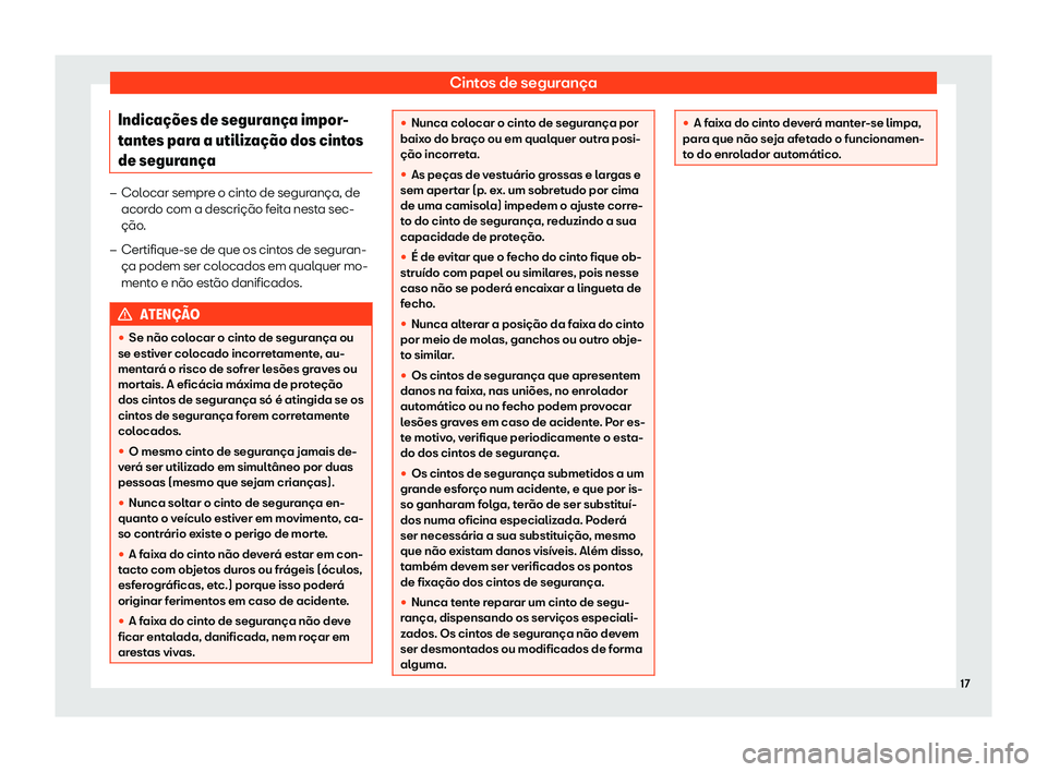 Seat Alhambra 2019  Manual do proprietário (in Portuguese)  Cintos de seguran