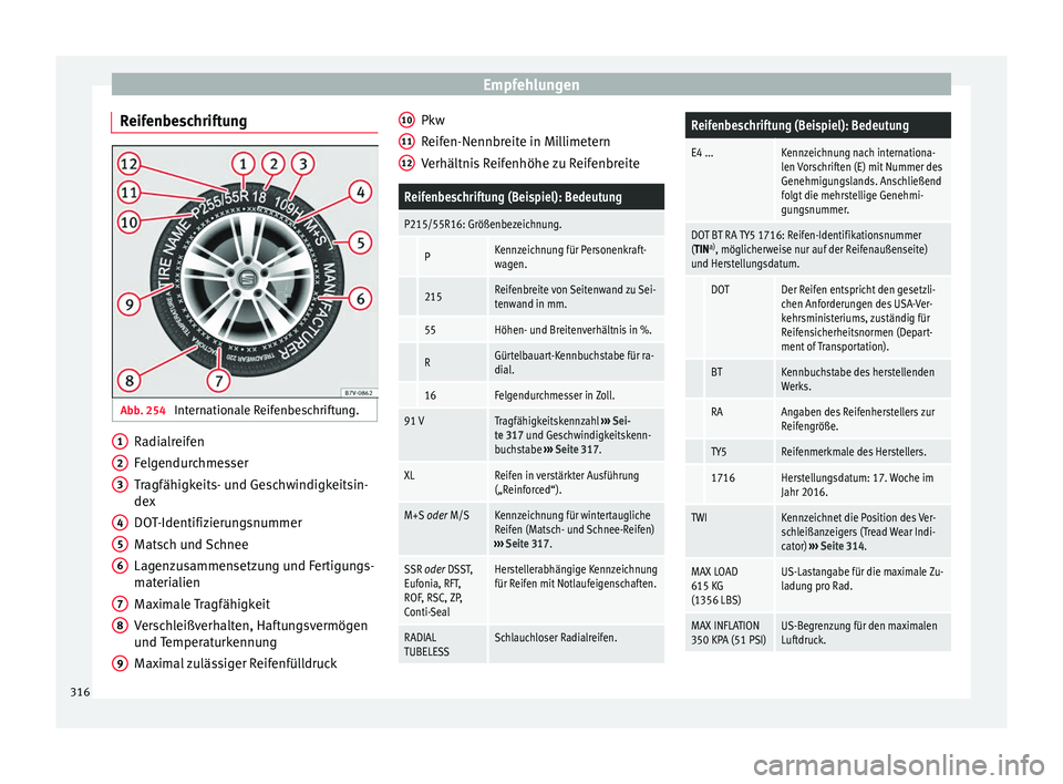 Seat Alhambra 2018 Betriebsanleitung (in German) Empfehlungen
Reifenbeschriftung Abb. 254
Internationale Reifenbeschriftung. Radialreifen
F
el
g
endurchmesser
Tragfähigkeits- und Geschwindigkeitsin-
dex
DOT-Identifizierungsnummer
Matsch und Schnee Seat Alhambra 2018 Betriebsanleitung (in German) Empfehlungen
Reifenbeschriftung Abb. 254
Internationale Reifenbeschriftung. Radialreifen
F
el
g
endurchmesser
Tragfähigkeits- und Geschwindigkeitsin-
dex
DOT-Identifizierungsnummer
Matsch und Schnee
