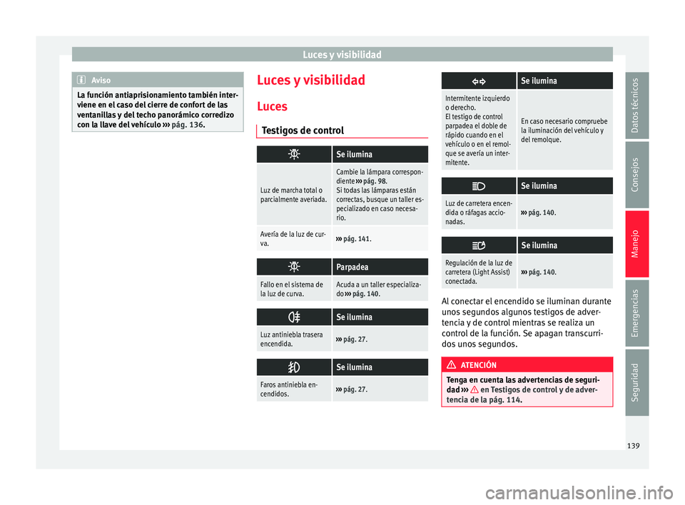 Seat Alhambra 2018 Manual del propietario (in Spanish) Luces y visibilidad
Aviso
La función antiaprisionamiento también inter-
viene en el c
aso del cierre de confort de las
ventanillas y del techo panorámico corredizo
con la llave del vehículo › Seat Alhambra 2018 Manual del propietario (in Spanish) Luces y visibilidad
Aviso
La función antiaprisionamiento también inter-
viene en el c
aso del cierre de confort de las
ventanillas y del techo panorámico corredizo
con la llave del vehículo ›