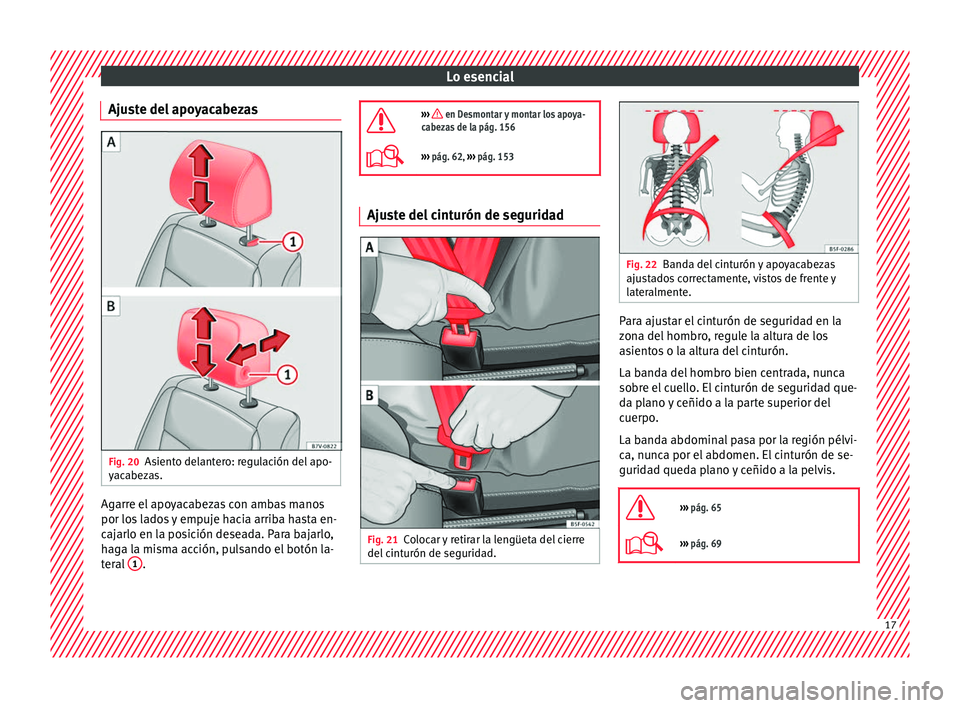 Seat Alhambra 2018  Manual del propietario (in Spanish) Lo esencial
Ajuste del apoyacabezas Fig. 20
Asiento delantero: regulación del apo-
y ac
abez
as. Agarre el apoyacabezas con ambas manos
por lo
s
 l

ados y empuje hacia arriba hasta en-
cajarlo en la