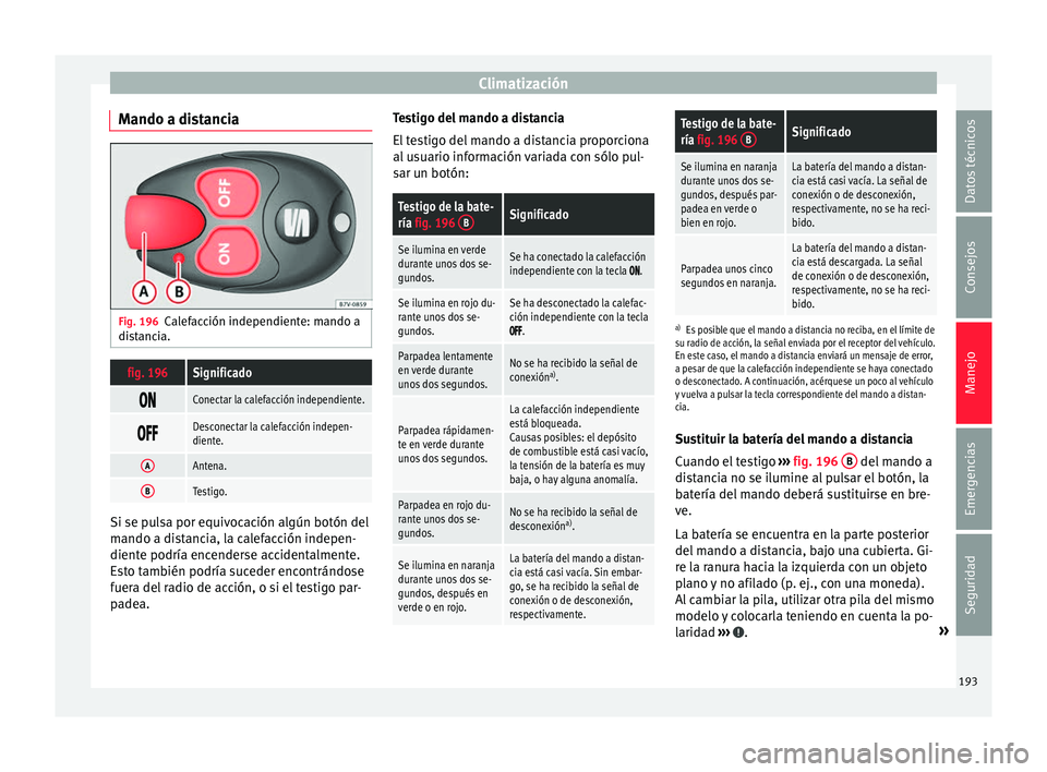 Seat Alhambra 2018 Manual del propietario (in Spanish) Climatización
Mando a distancia Fig. 196
Calefacción independiente: mando a
di s
t
ancia.
fig. 196Significado
Conectar la calefacción independiente.
Desconectar la calefacción ind Seat Alhambra 2018 Manual del propietario (in Spanish) Climatización
Mando a distancia Fig. 196
Calefacción independiente: mando a
di s
t
ancia.
fig. 196Significado
Conectar la calefacción independiente.
Desconectar la calefacción ind