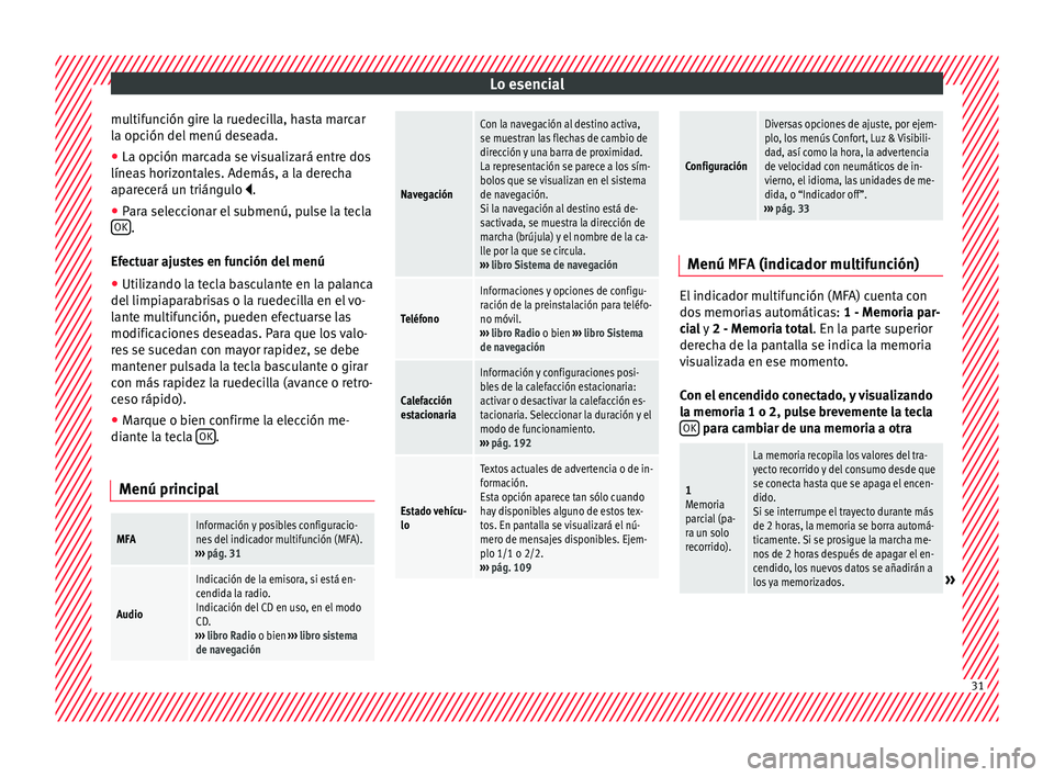 Seat Alhambra 2018  Manual del propietario (in Spanish) Lo esencial
multifunción gire la ruedecilla, hasta marcar
l a opc
ión del
 menú deseada.
● La opción marcada se visualizará entre dos
líneas
  horizontales. Además, a la derecha
aparecerá un