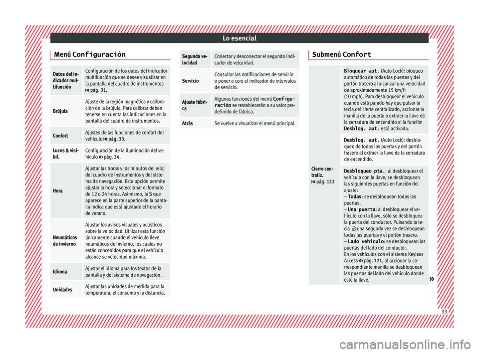 Seat Alhambra 2018  Manual del propietario (in Spanish) Lo esencial
Menú ConfiguraciónDatos del in-
dicador mul-
tifunciónConfiguración de los datos del indicador
multifunción que se desee visualizar en
la pantalla del cuadro de instrumentos
›››