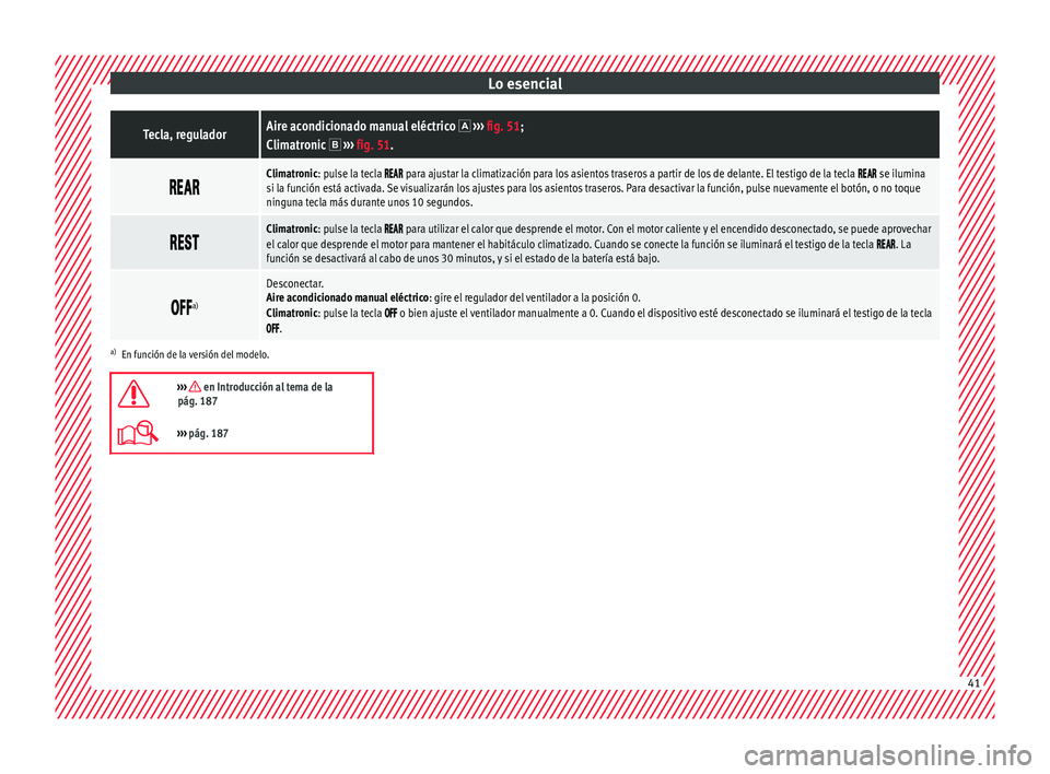 Seat Alhambra 2018  Manual del propietario (in Spanish) Lo esencialTecla, reguladorAire acondicionado manual eléctrico  
›››  fig. 51;
Climatronic   ›››  fig. 51. 
Climatronic: pulse la tecla  para ajustar la clim