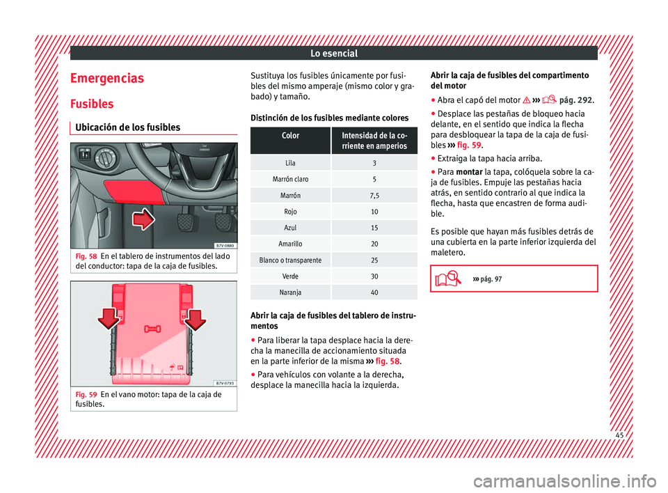 Seat Alhambra 2018  Manual del propietario (in Spanish) Lo esencial
Emergencias
F u
s
ibles
Ubicación de los fusibles Fig. 58
En el tablero de instrumentos del lado
del  c
onduct

or: tapa de la caja de fusibles. Fig. 59
En el vano motor: tapa de la caja 