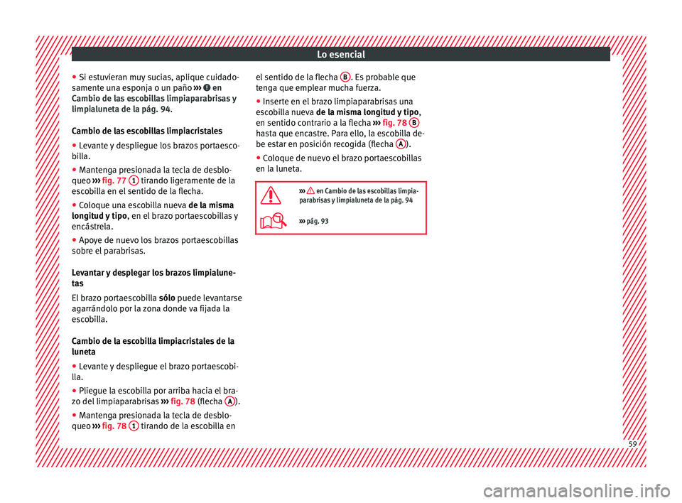 Seat Alhambra 2018  Manual del propietario (in Spanish) Lo esencial
● Si e s
t
uvieran muy sucias, aplique cuidado-
samente una esponja o un paño  ›››   en
C amb
io de l
as escobillas limpiaparabrisas y
limpialuneta de la pág. 94.
Cambio de las e