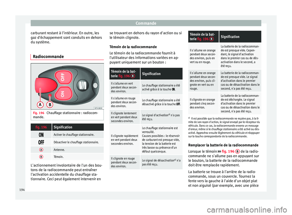 Seat Alhambra 2018 Manuel du propriétaire (in French) Commande
carburant restant à l'intérieur. En outre, les
g az
d'éc
happement sont conduits en dehors
du système.
Radiocommande Fig. 196
Chauffage stationnaire : radiocom-
m ande.
fig. 196 Seat Alhambra 2018 Manuel du propriétaire (in French) Commande
carburant restant à l'intérieur. En outre, les
g az
d'éc
happement sont conduits en dehors
du système.
Radiocommande Fig. 196
Chauffage stationnaire : radiocom-
m ande.
fig. 196