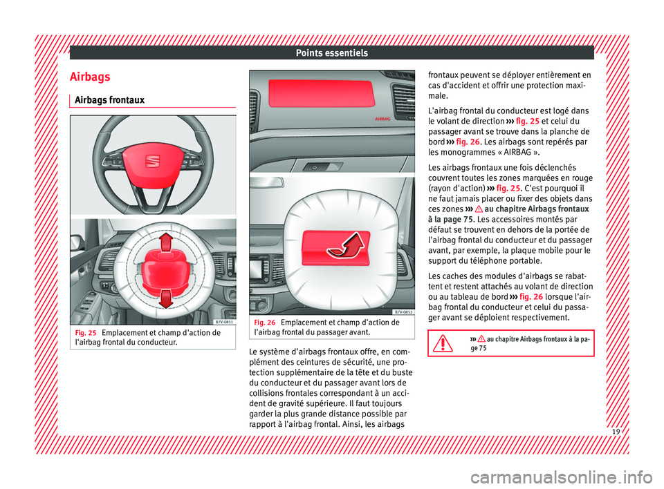Seat Alhambra 2018  Manuel du propriétaire (in French)  Points essentiels
Airbags Airb ag
s
 frontaux Fig. 25 
Emplacement et champ d'action de
l'airb ag fr
ont

al du conducteur. Fig. 26 
Emplacement et champ d'action de
l'airb ag fr
ont
a