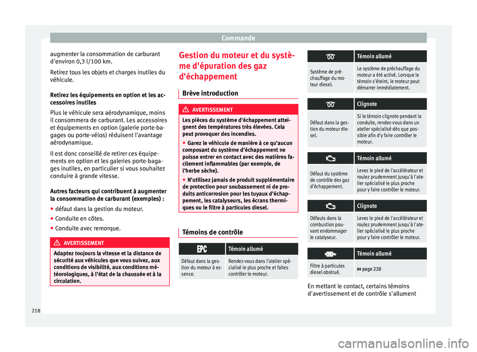 Seat Alhambra 2018 Manuel du propriétaire (in French) Commande
augmenter la consommation de carburant
d'en v
ir
on 0,3 l/100 km.
Retirez tous les objets et charges inutiles du
véhicule.
Retirez les équipements en option et les ac-
cessoires inutile Seat Alhambra 2018 Manuel du propriétaire (in French) Commande
augmenter la consommation de carburant
d'en v
ir
on 0,3 l/100 km.
Retirez tous les objets et charges inutiles du
véhicule.
Retirez les équipements en option et les ac-
cessoires inutile