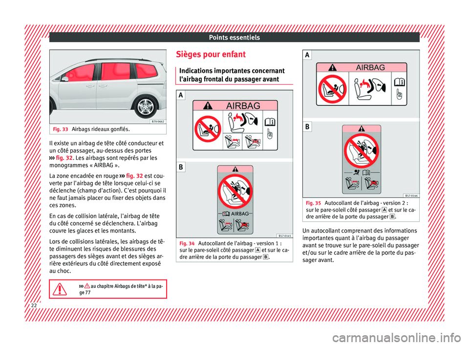 Seat Alhambra 2018  Manuel du propriétaire (in French)  Points essentiels
Fig. 33 
Airbags rideaux gonflés. Il existe un airbag de tête côté conducteur et
u
n côté p
a
ssager, au-dessus des portes
›››  fig. 32. Les airbags sont repérés par le