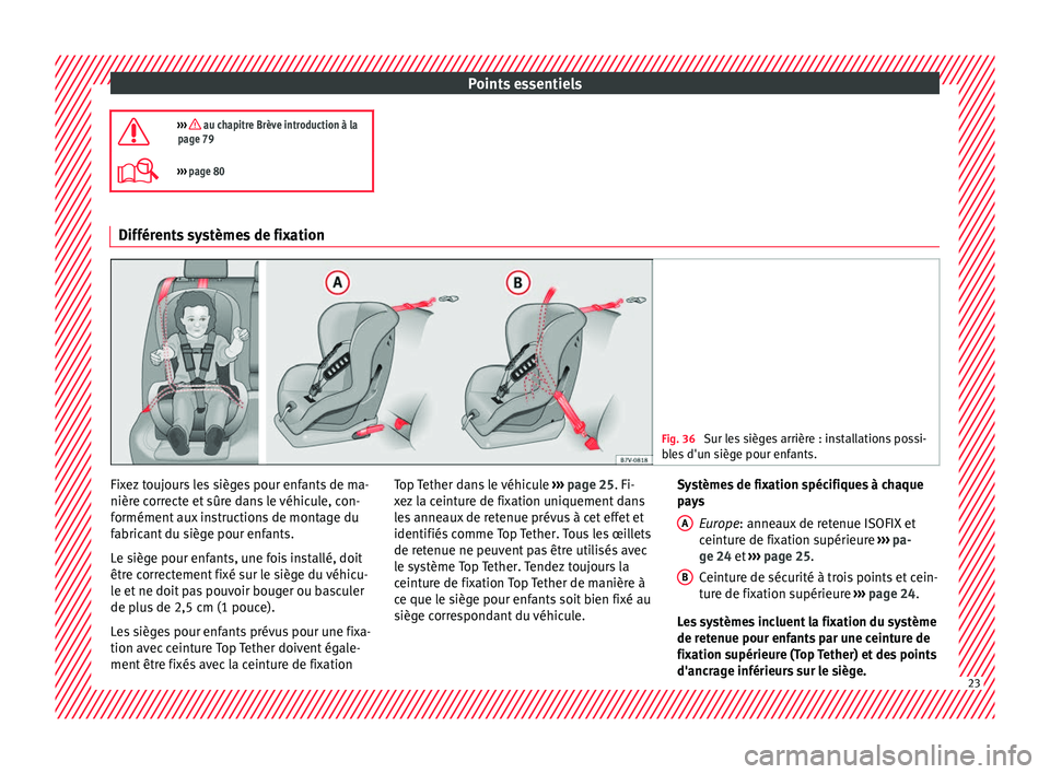 Seat Alhambra 2018 Manuel du propriétaire (in French) Points essentiels
››› au chapitre Brève introduction à la
page 79
››› page 80 Différents systèmes de fixation
Fig. 36
Sur les sièges arrière : installations possi-
bl e
s d Seat Alhambra 2018 Manuel du propriétaire (in French) Points essentiels
››› au chapitre Brève introduction à la
page 79
››› page 80 Différents systèmes de fixation
Fig. 36
Sur les sièges arrière : installations possi-
bl e
s d