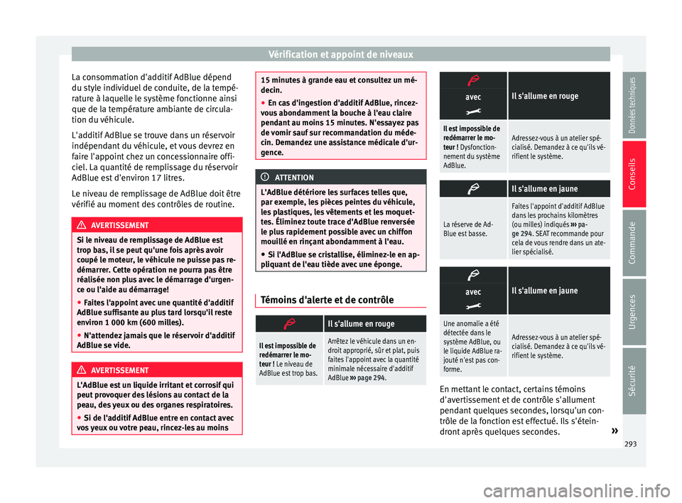 Seat Alhambra 2018 Manuel du propriétaire (in French) Vérification et appoint de niveaux
La consommation d'additif AdBlue dépend
du s tyl
e indiv
iduel de conduite, de la tempé-
rature à laquelle le système fonctionne ainsi
que de la températur Seat Alhambra 2018 Manuel du propriétaire (in French) Vérification et appoint de niveaux
La consommation d'additif AdBlue dépend
du s tyl
e indiv
iduel de conduite, de la tempé-
rature à laquelle le système fonctionne ainsi
que de la températur